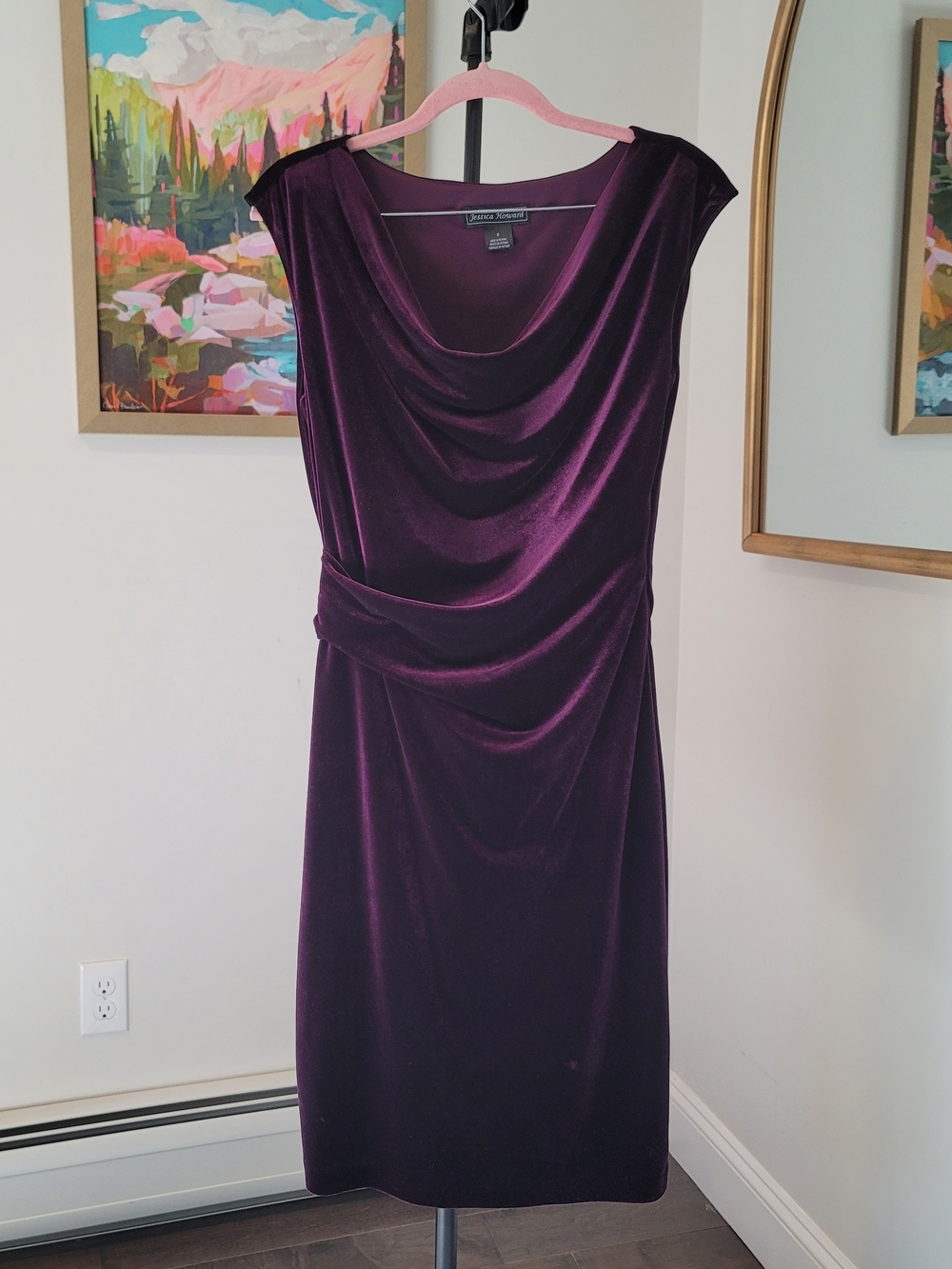 JESSICA HOWARD Plum Velvet Cowl Neck Cocktail Dress Small Defect Size 8
